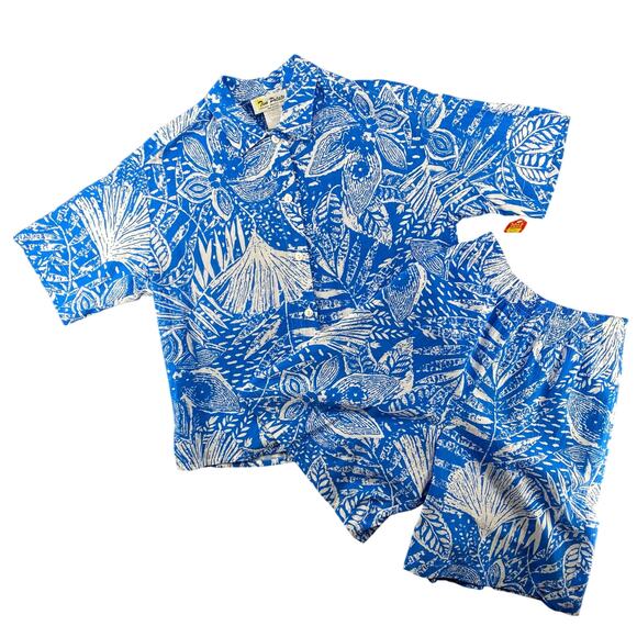Vtg NOS 80s 90s Two Potato Resort Wear Button Down Shirt + Shorts Set S Blue - Picture 1 of 9